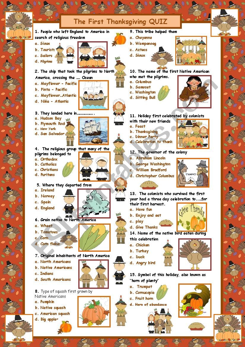 The First Thanksgiving Quiz (with answers) ESL worksheet by maguyre