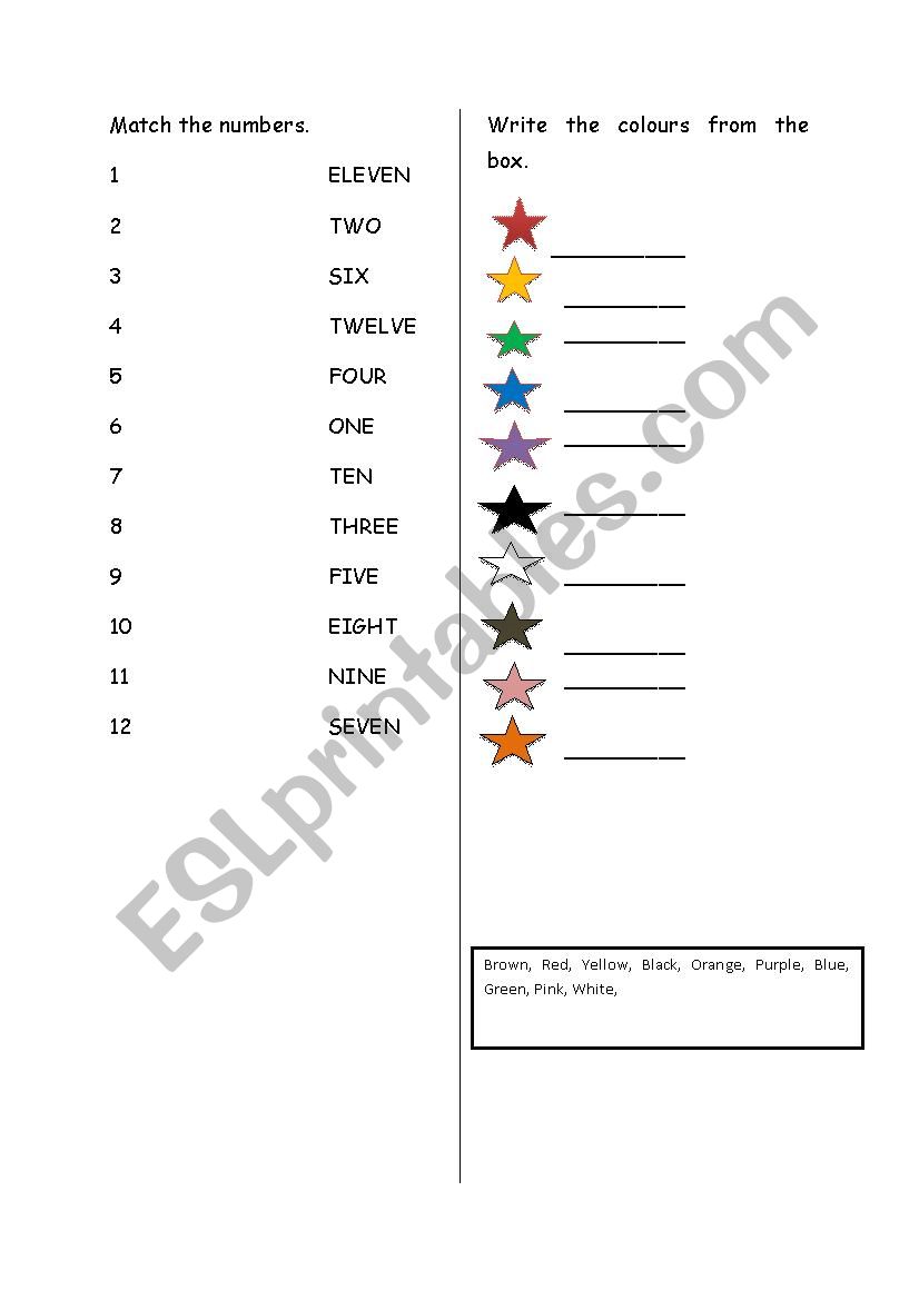 NUMBERS AND COLOURS WORKSHEET worksheet