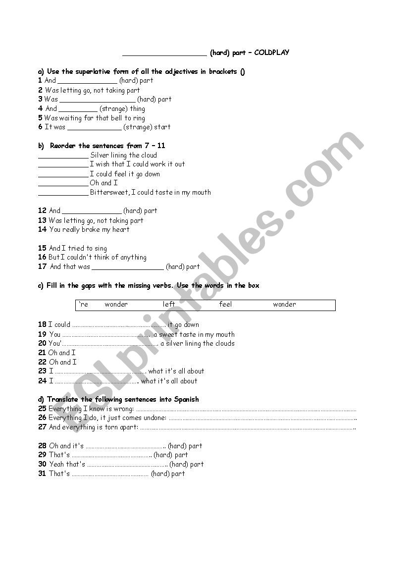 The Hardest Part - Coldplay worksheet