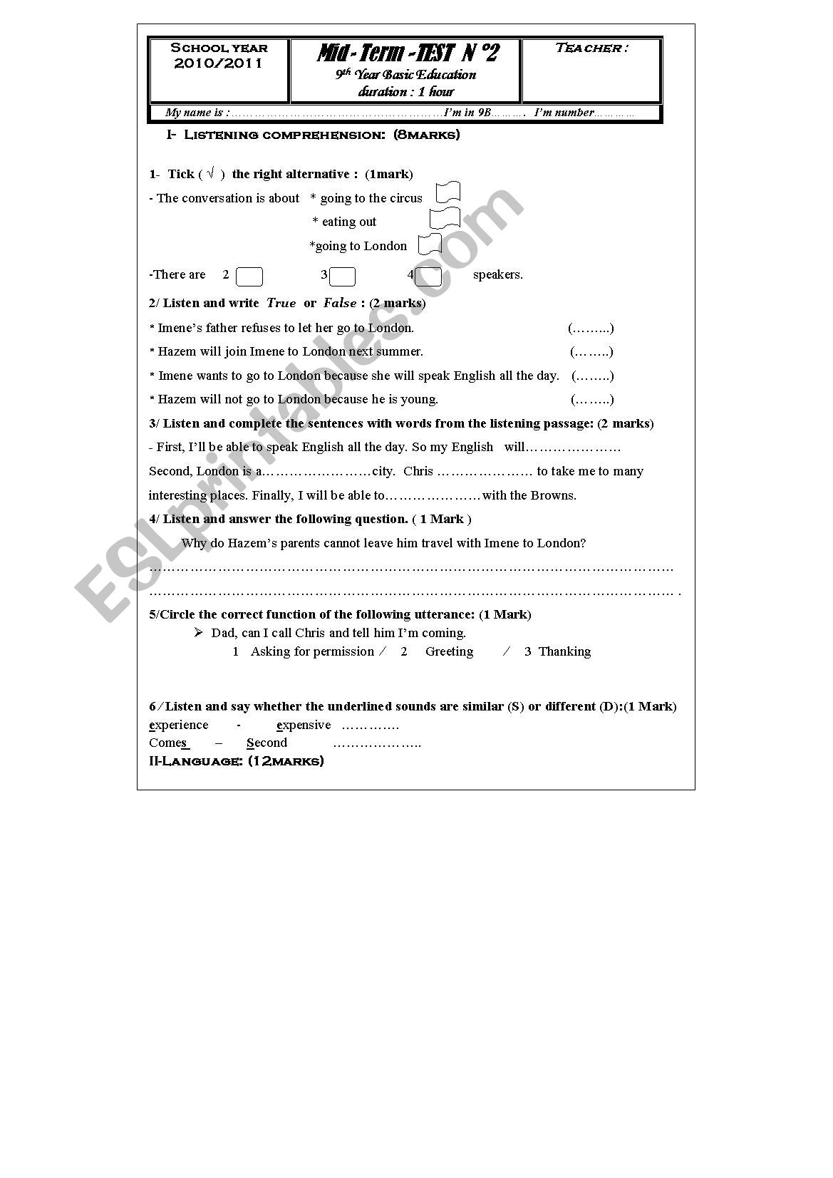 test for 9 th form worksheet