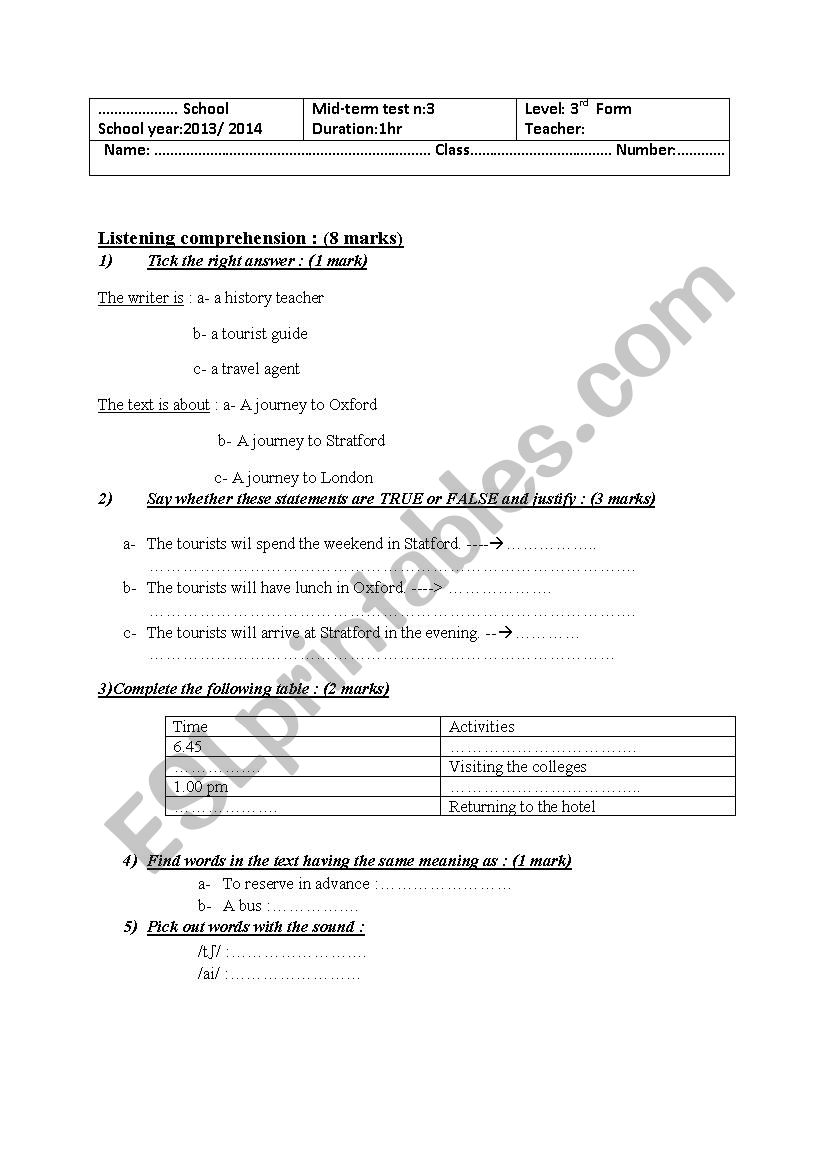 Mid - term test 3 for 3rd year  pupils 2014