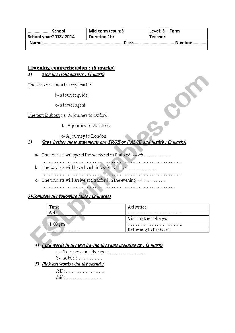 Mid - term test 3 for 3rd year  pupils 2014