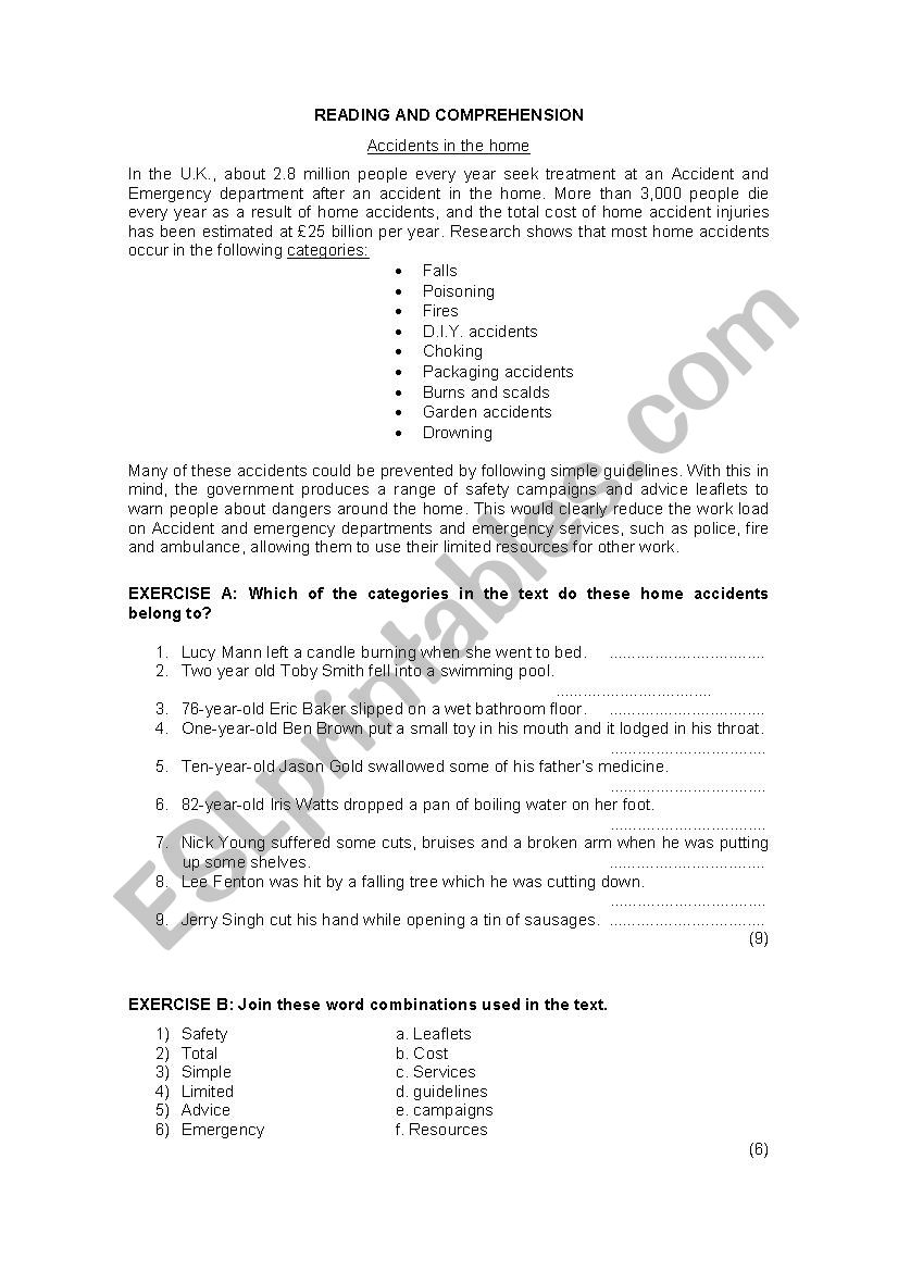 Reading and comprehension worksheet