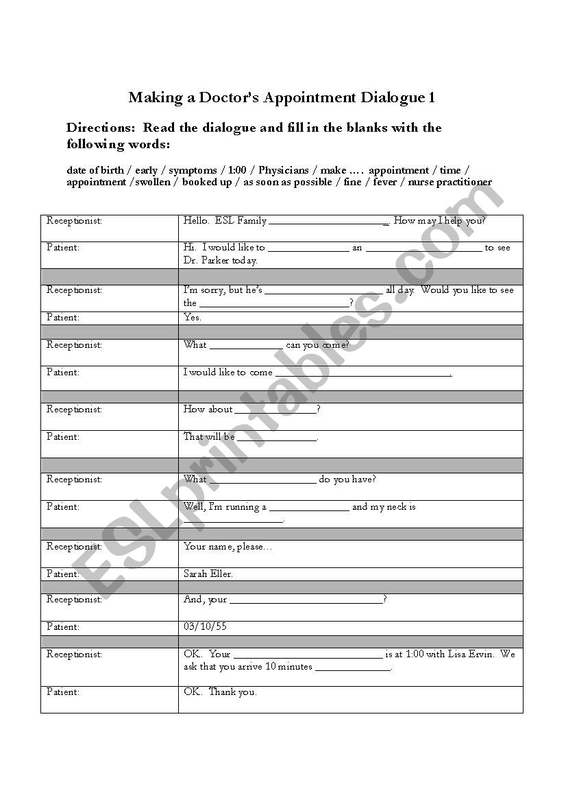 Doctors appointment 2 worksheet