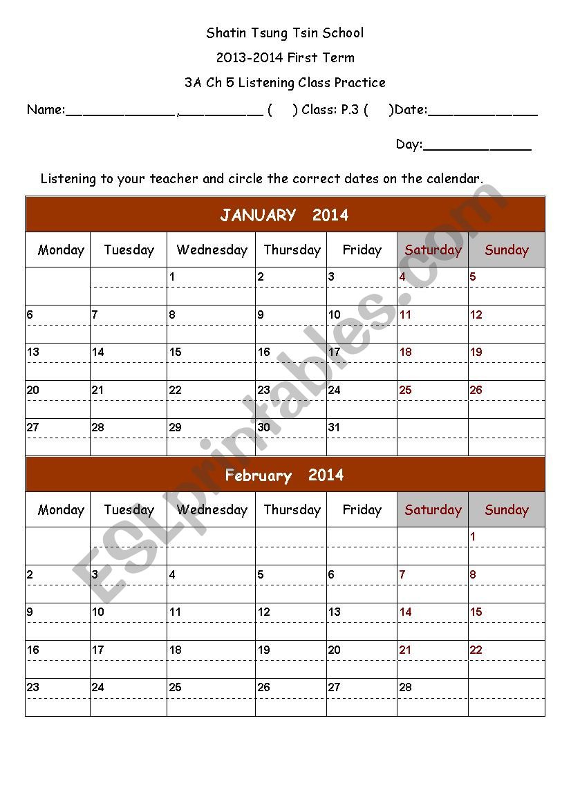 Classs Activity to read calendar