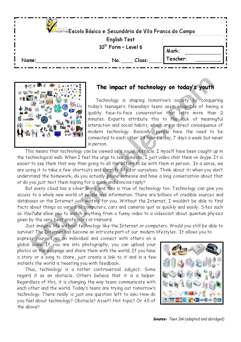 Technology - 10th form test  worksheet