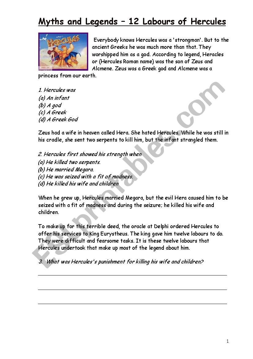 Hercules comprehension worksheet