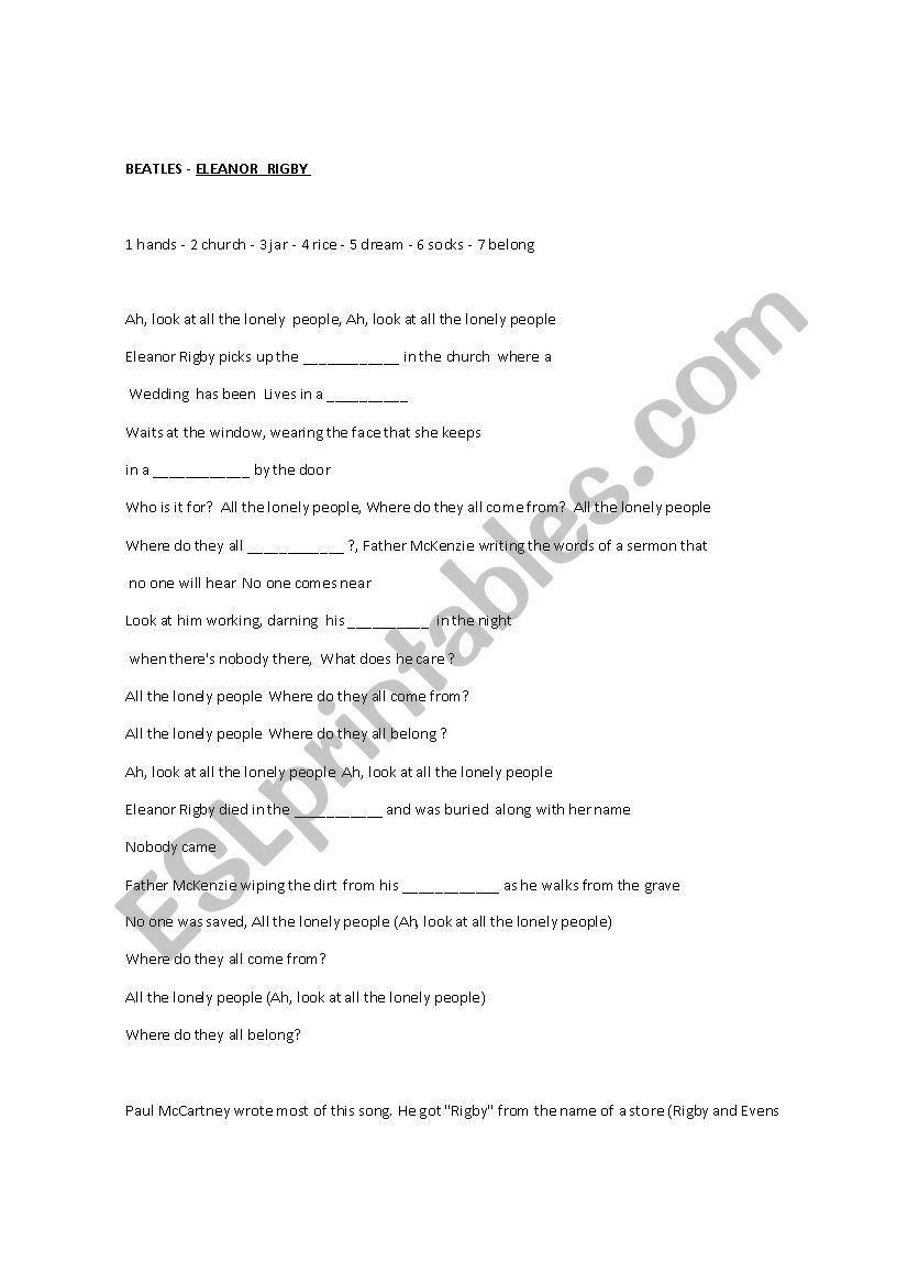 ELEANOR  RIGBY - BEATLES  worksheet