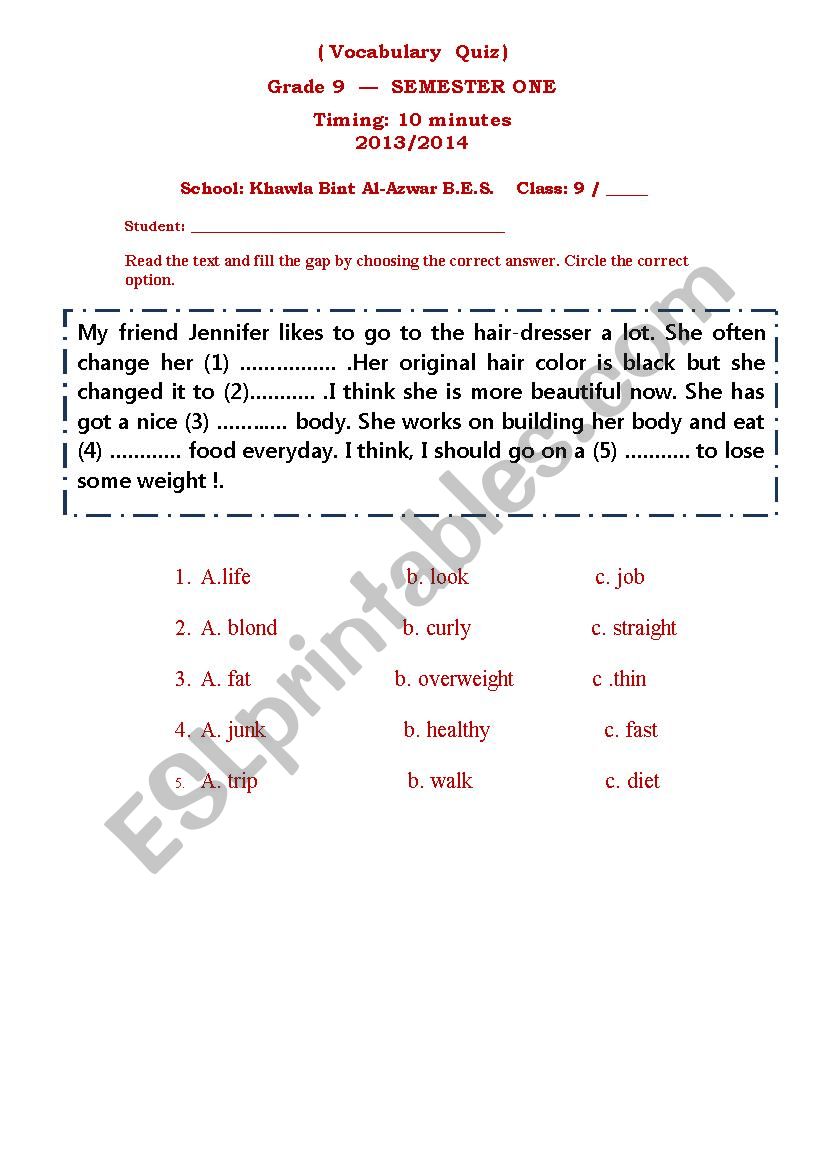 Vocabulary Quiz worksheet