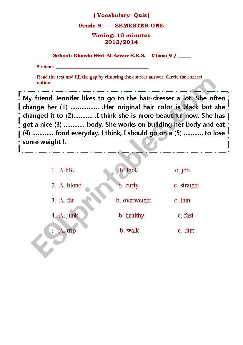 Vocabulary Quiz worksheet