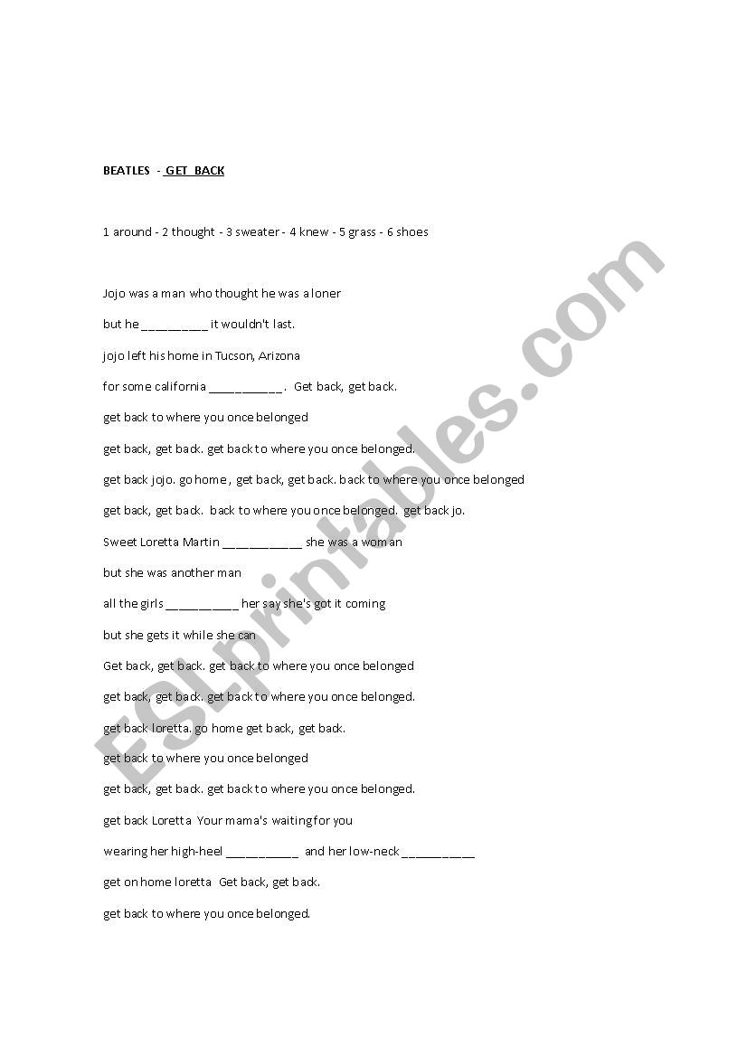 GET BACK - THE BEATLES worksheet