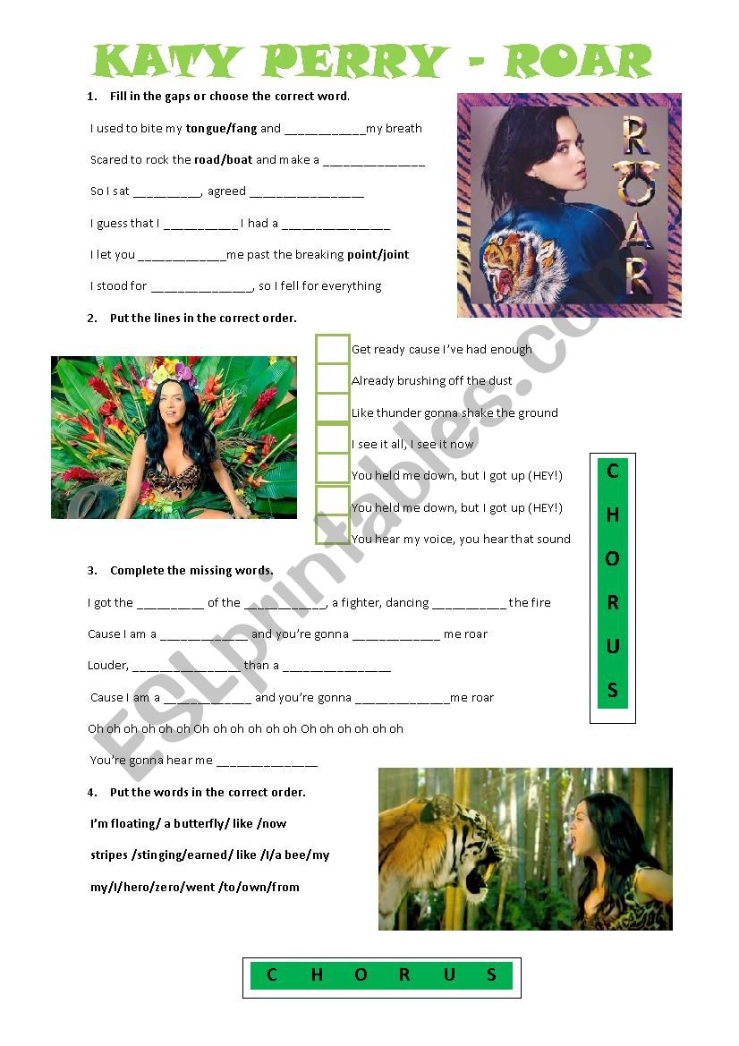 Song Roar Katy Perry - vocabulary practice - ESL worksheet by caiomachado