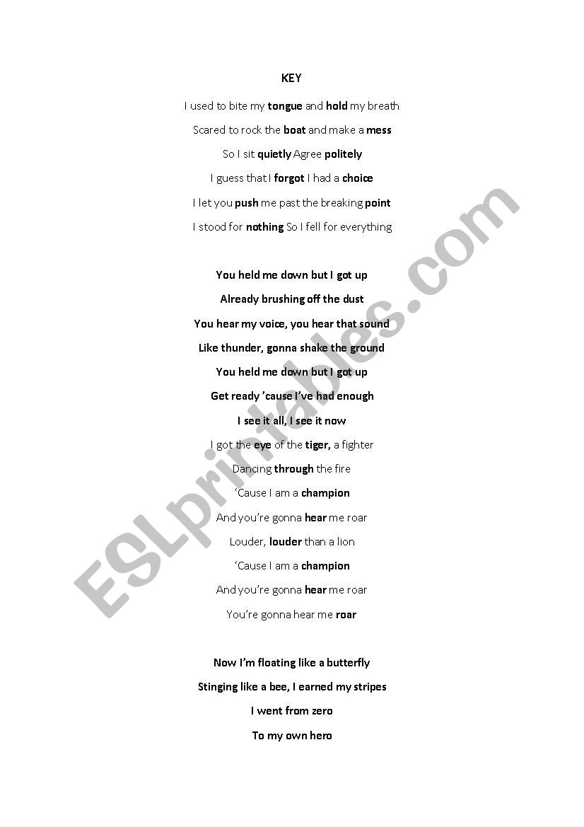 Song Roar Katy Perry - vocabulary practice - ESL worksheet by caiomachado