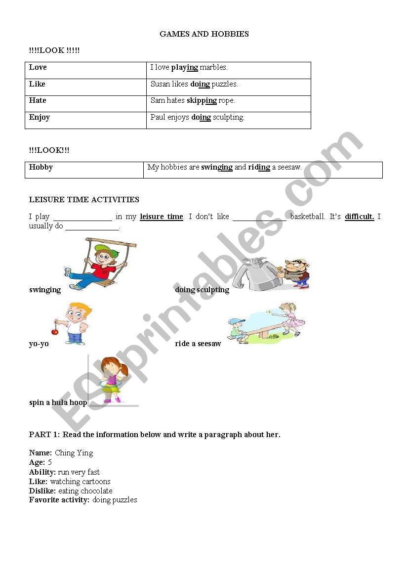 Games and Hobbies ( Part 1 ) worksheet