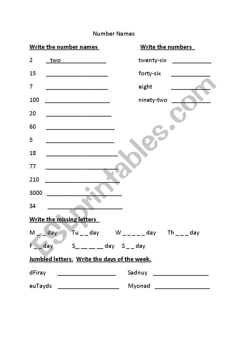 numbers worksheet