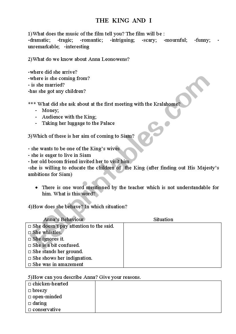 The King and I worksheet