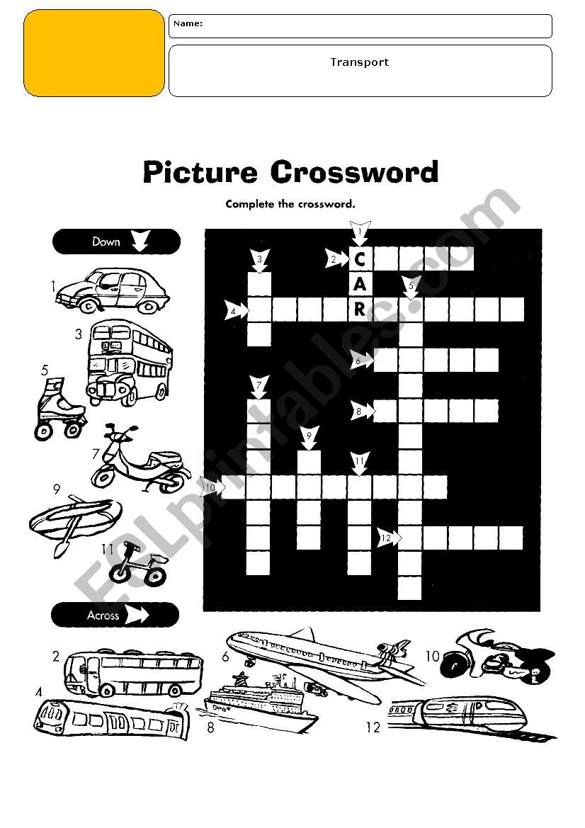 Picture Crossword- Transport worksheet