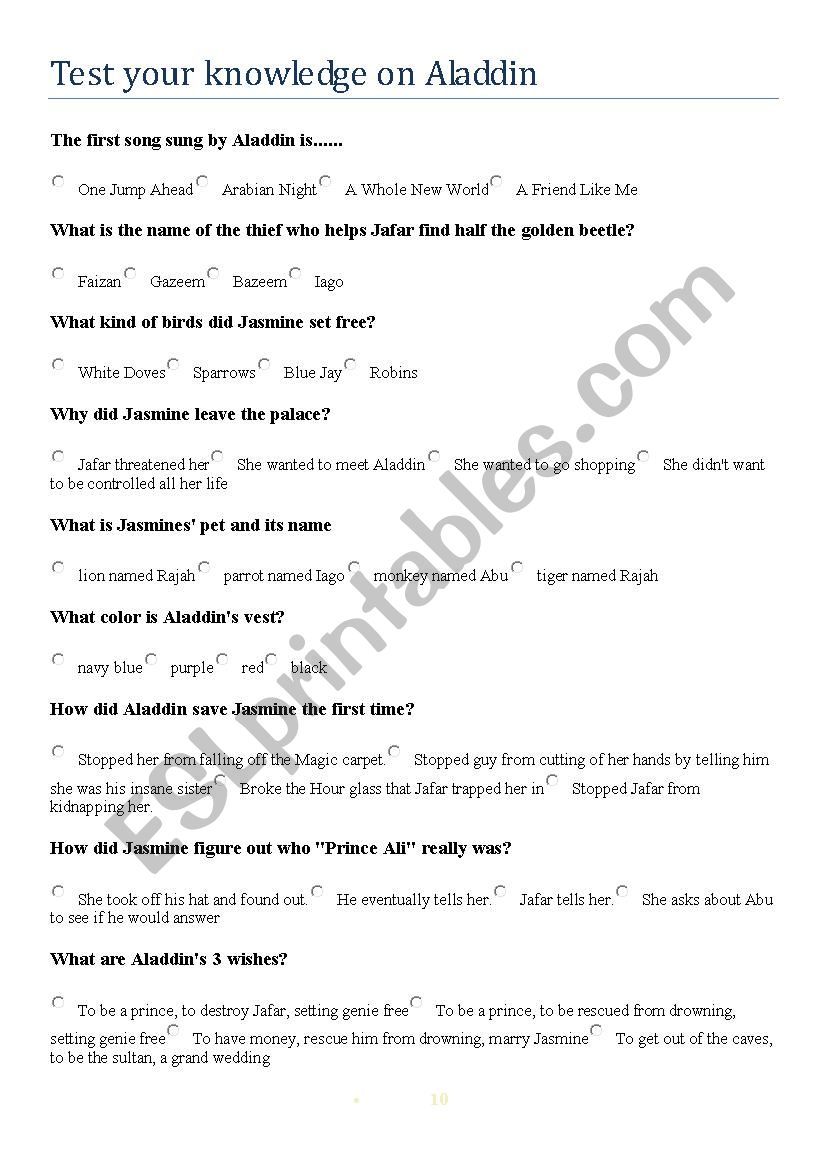 ALADDIN  worksheet