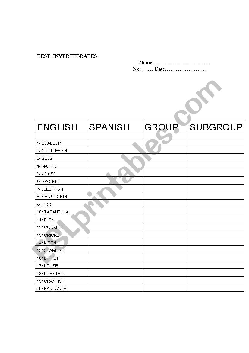 Invertebrates. Test worksheet