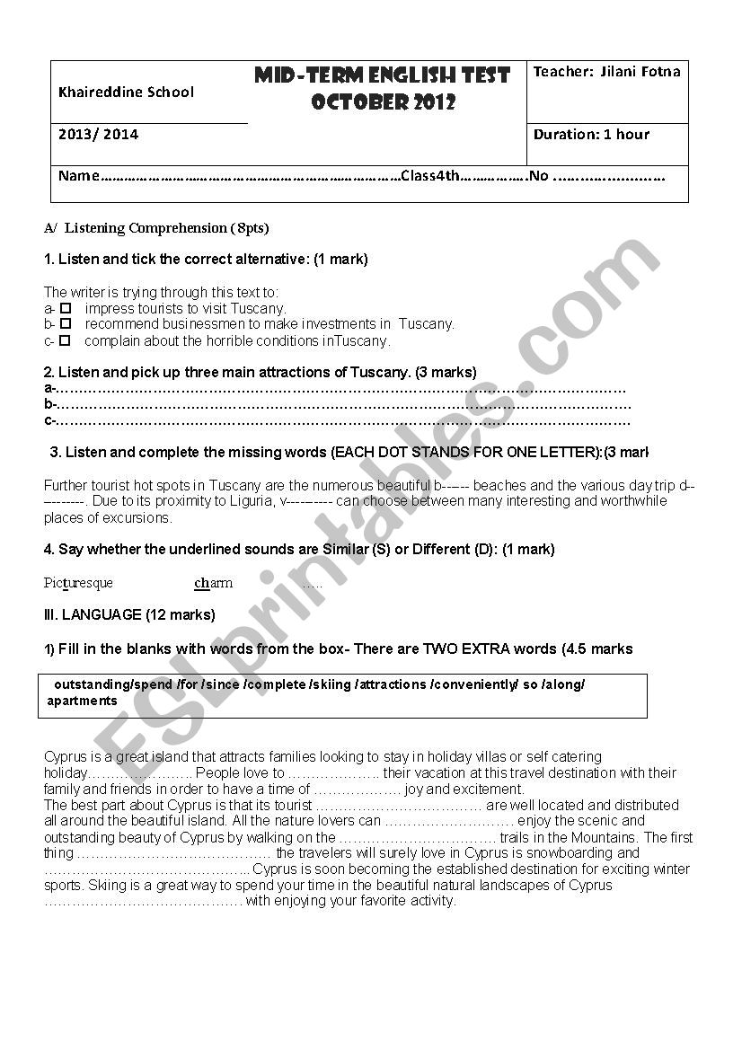 4th year test worksheet