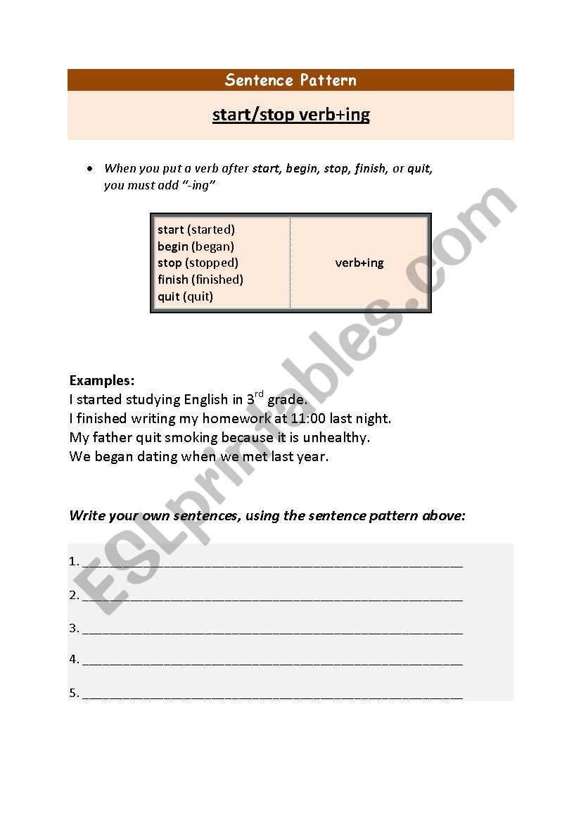 start stop verbing worksheet