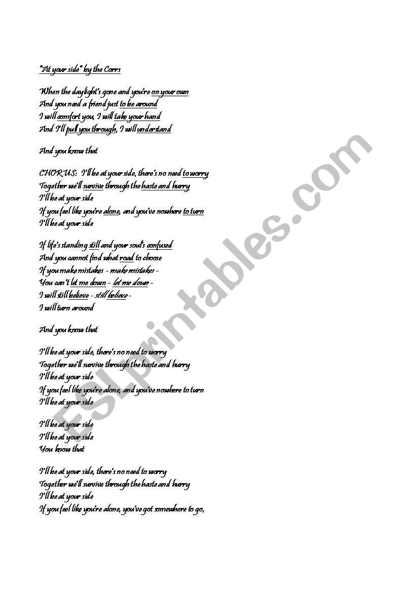song: Ill be at your side worksheet