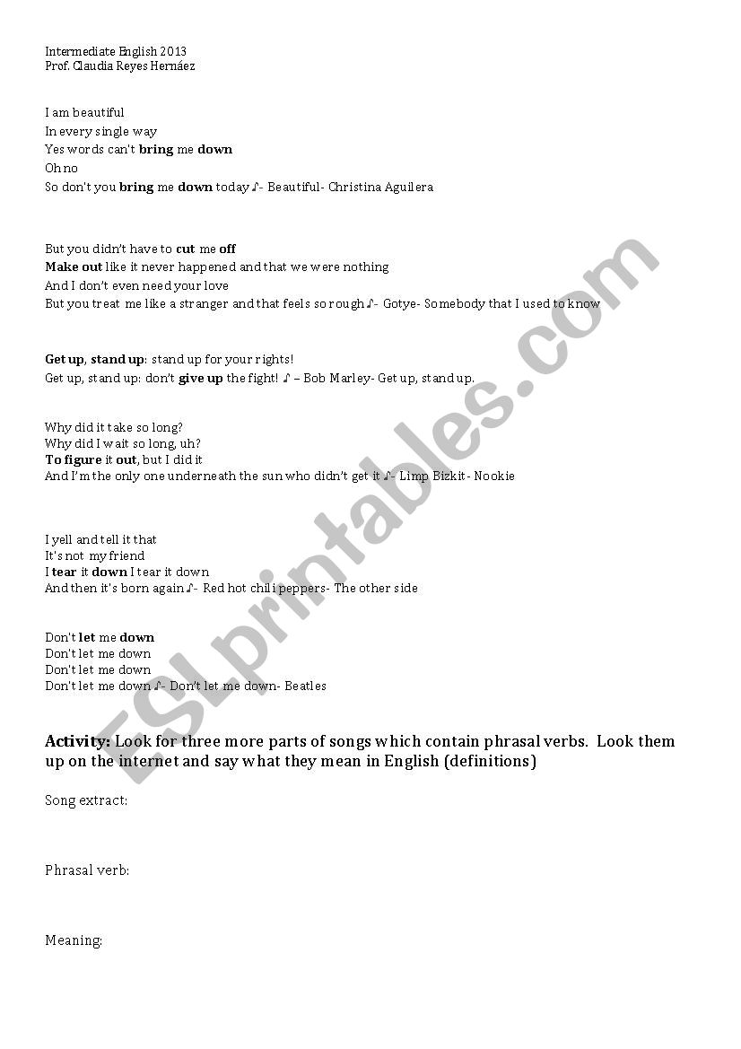 Phrasal verbs in songs worksheet