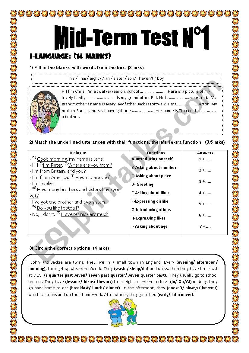 Mid-Term Test 1 (7th form) worksheet