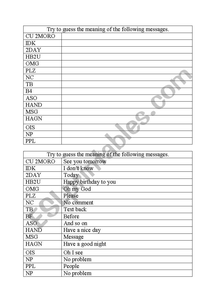 Short language worksheet