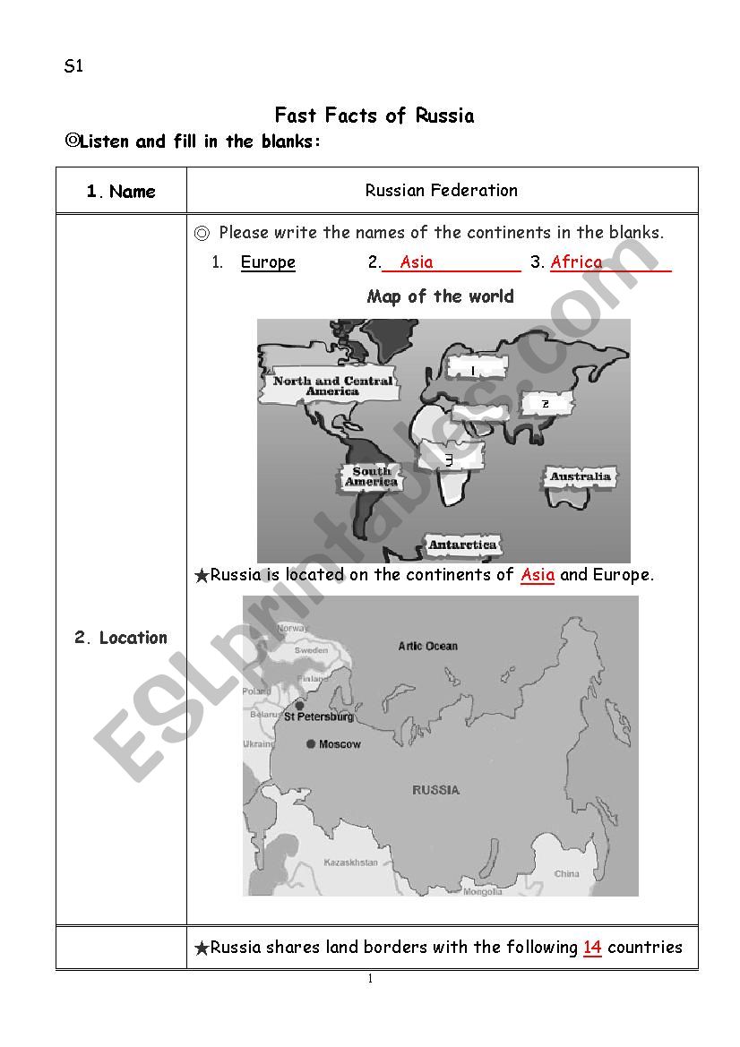 Fast Facts of Russia worksheet