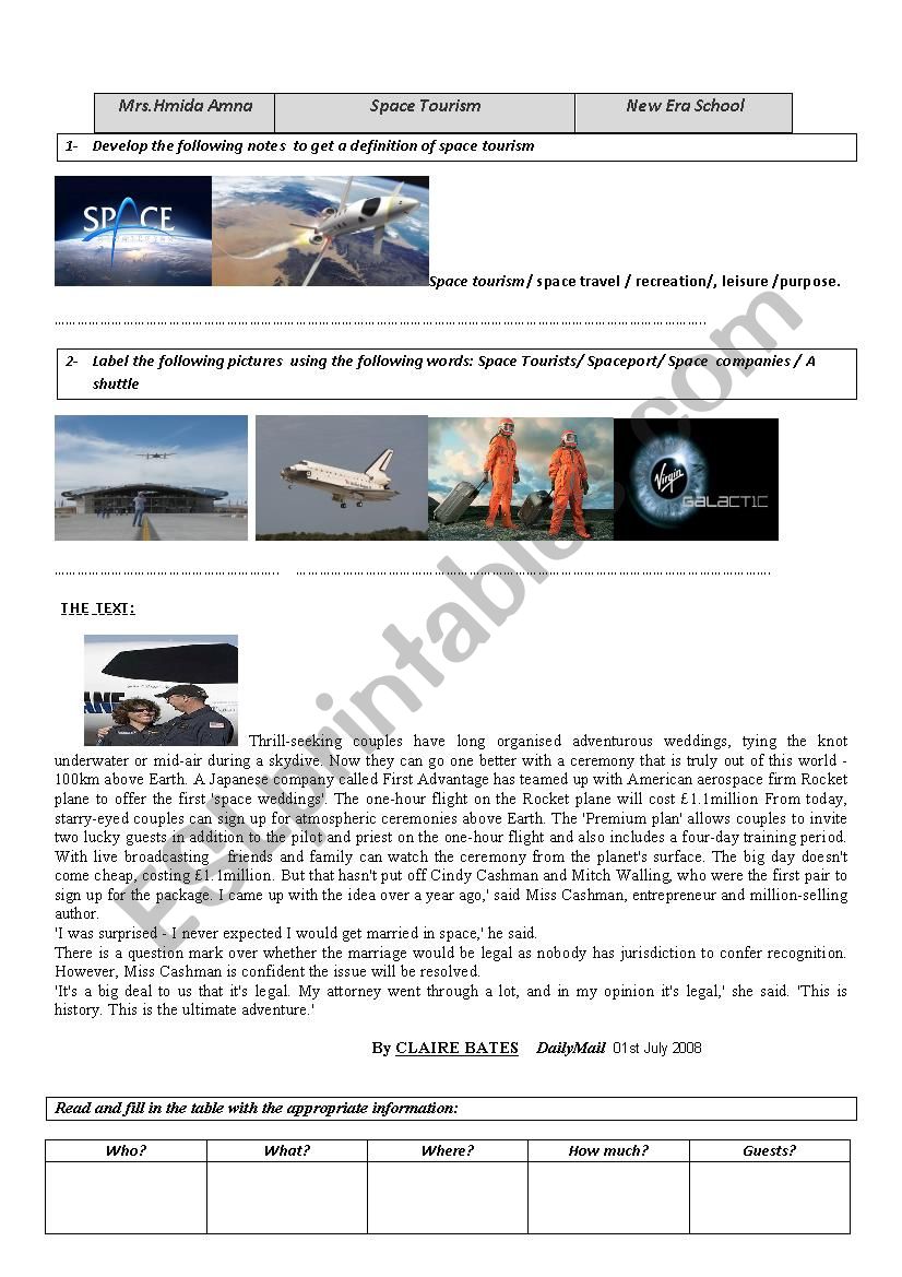 Space Tourism worksheet