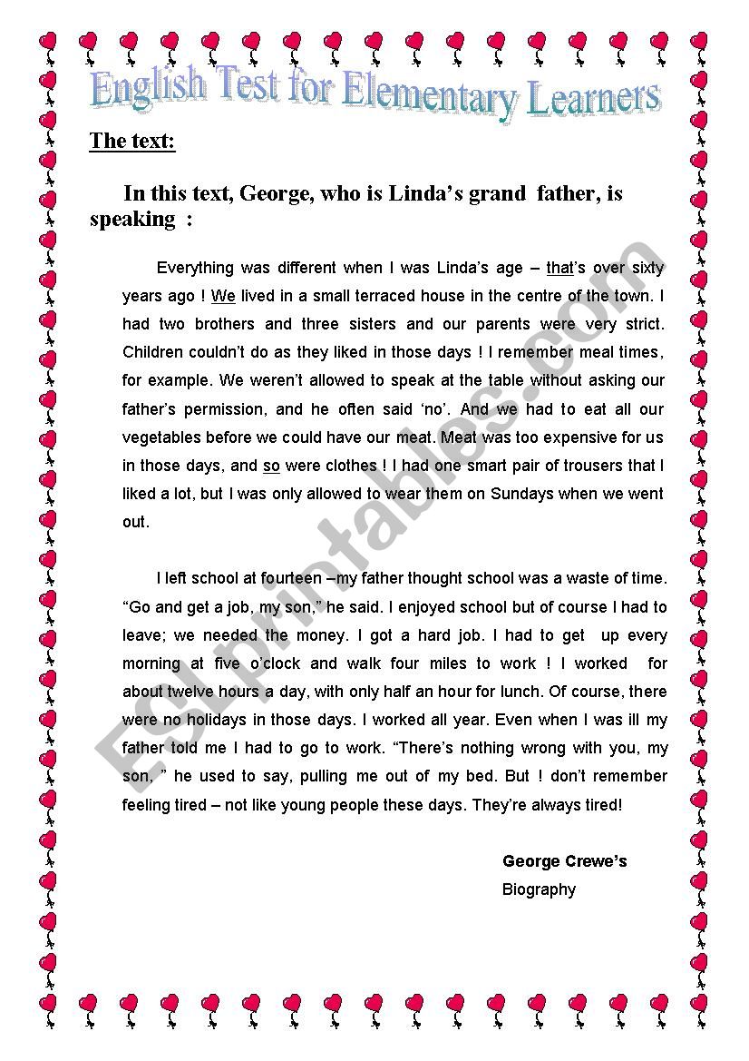 English Test for Elementary Learners