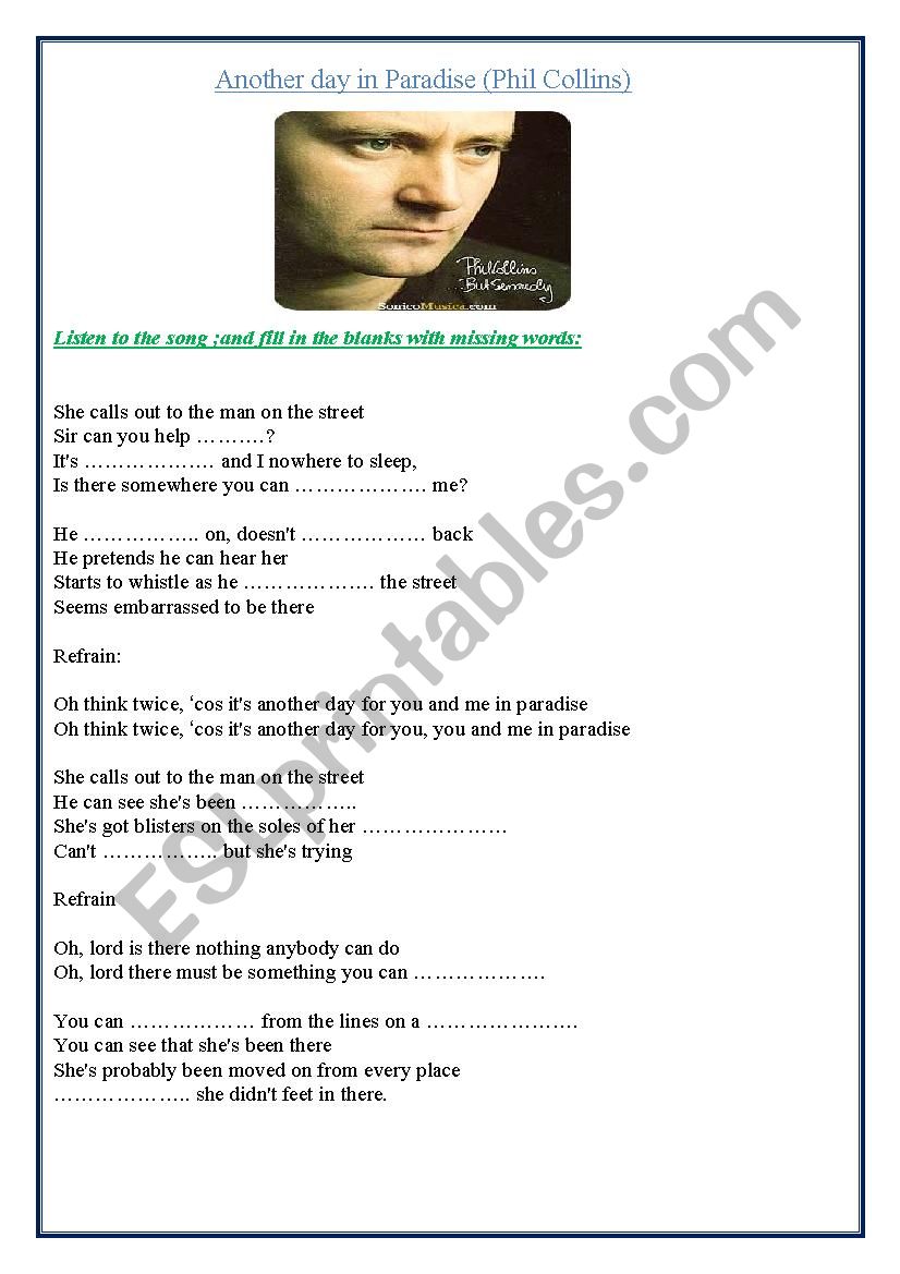 Another Day In Paradise lyrics - ESL worksheet by Adva