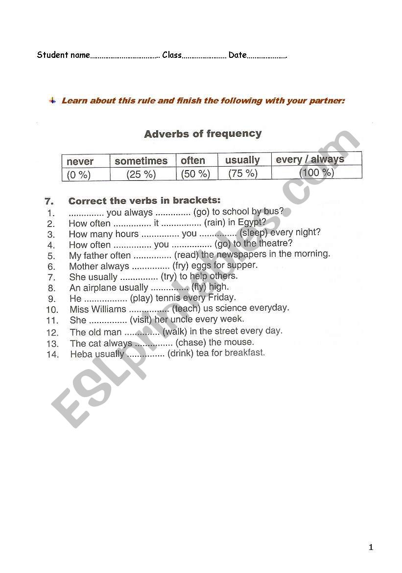 Adverbs of frequncy worksheet