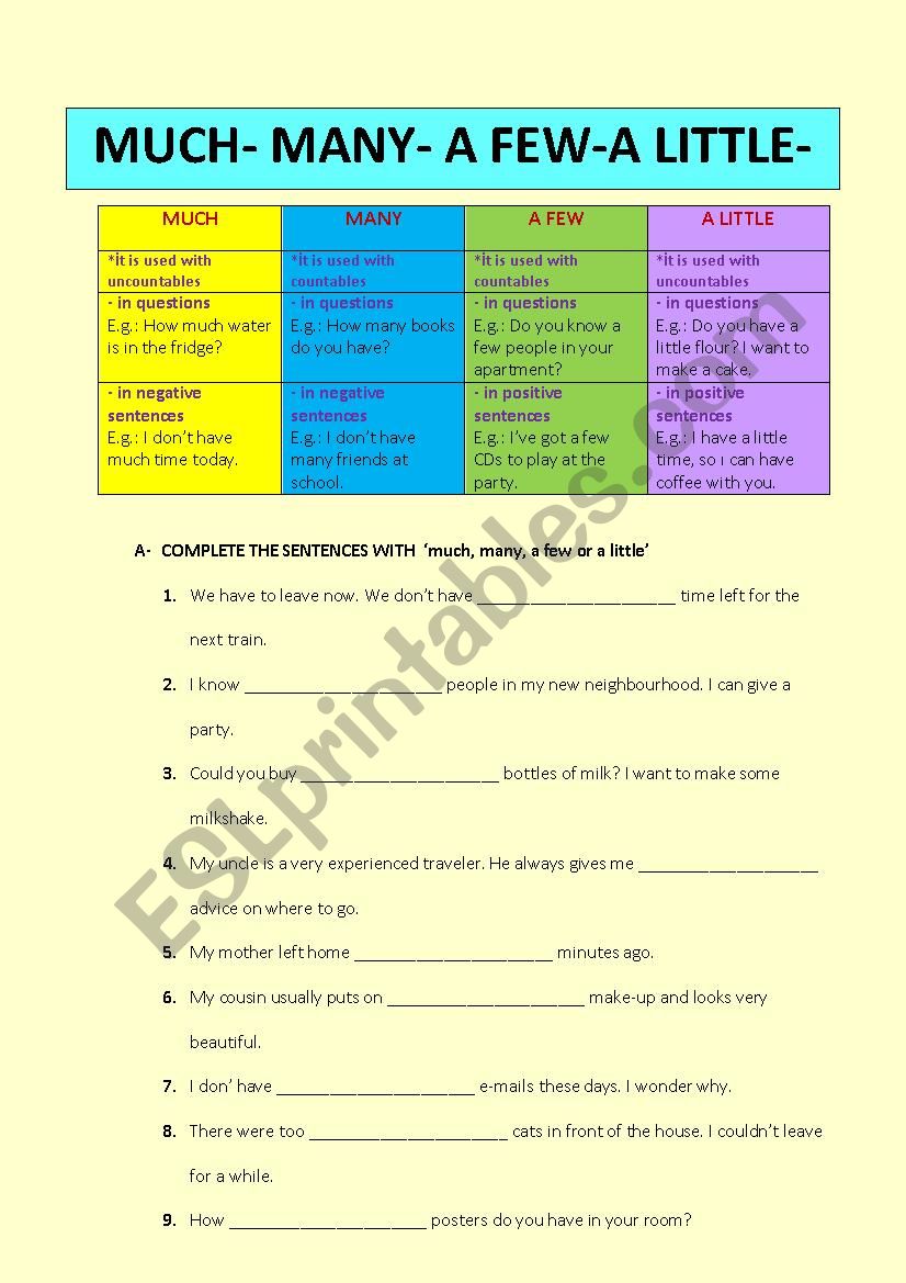 MUCH-MANY-A LITTLE-A FEW worksheet