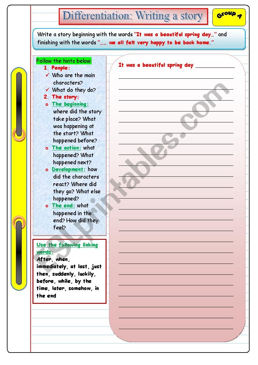 Writing A Story Group A Differentiated Instruction Esl Worksheet