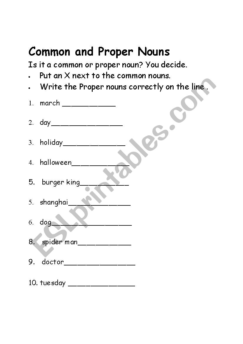Proper  & Common nouns practise sheet