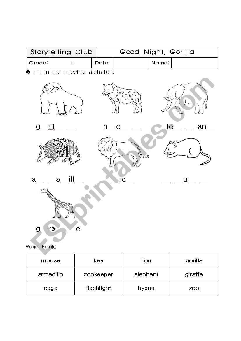 Goodnight Gorilla worksheet