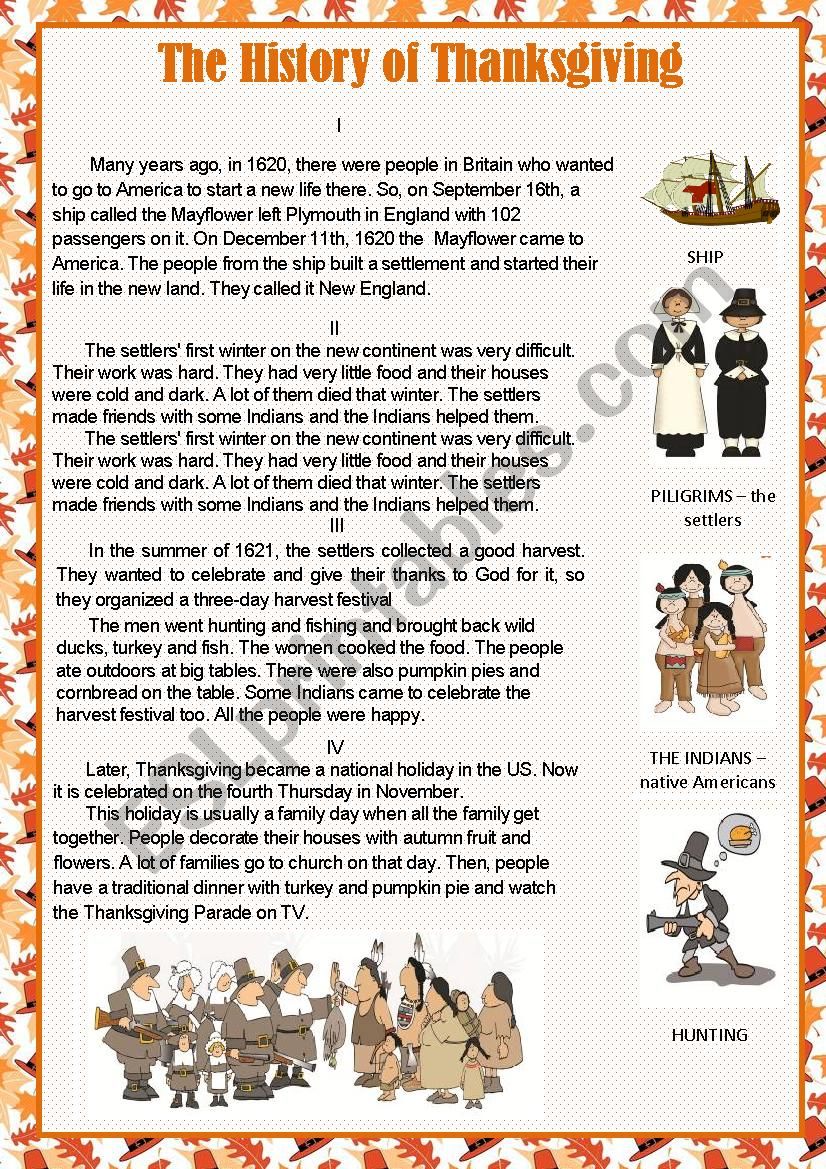 The History of Thanksgiving worksheet