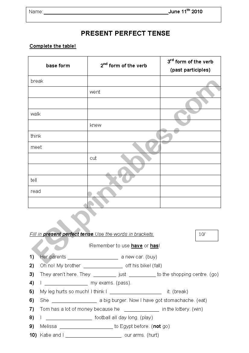 Present Perfect Tense worksheet