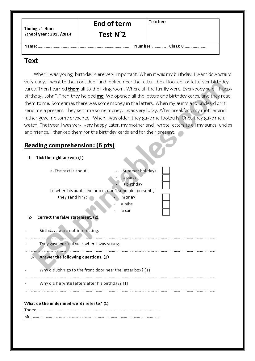end of term test n=2 for 8th form 2014
