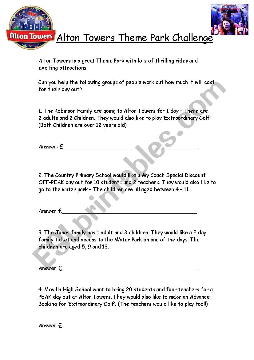 Alton Towers Challenge  worksheet