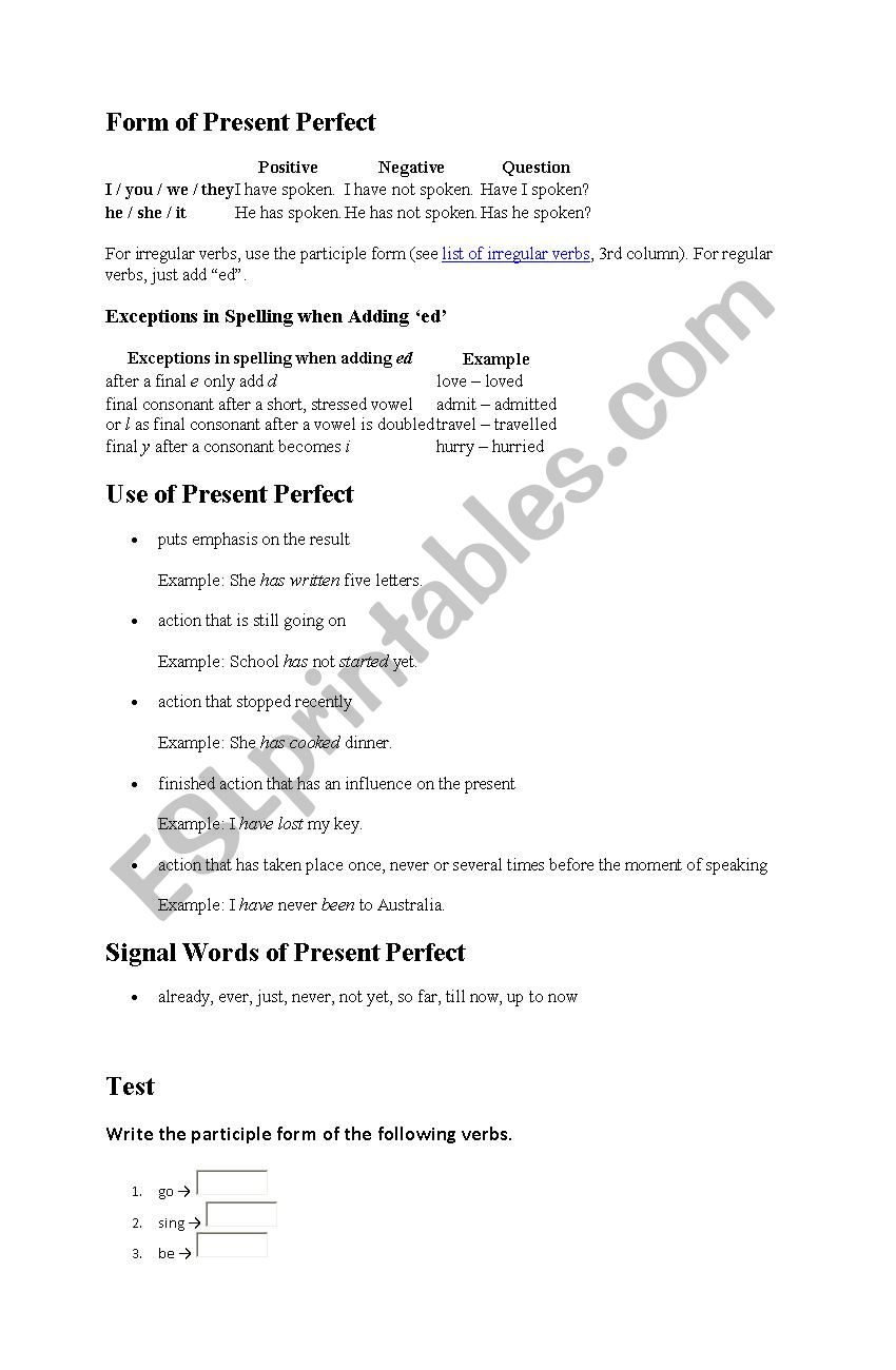 Present Perfect explaination with exercise