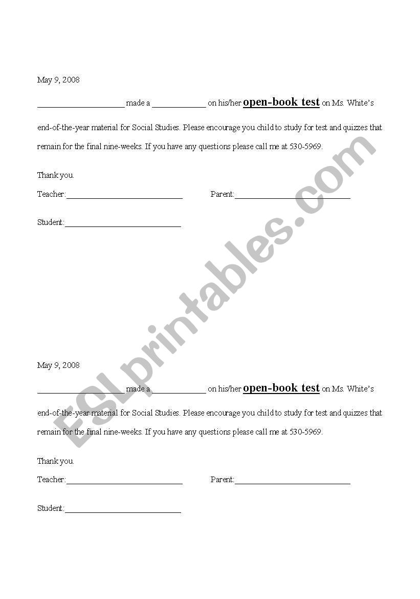 Parent Letter Home for Poor Test Grades