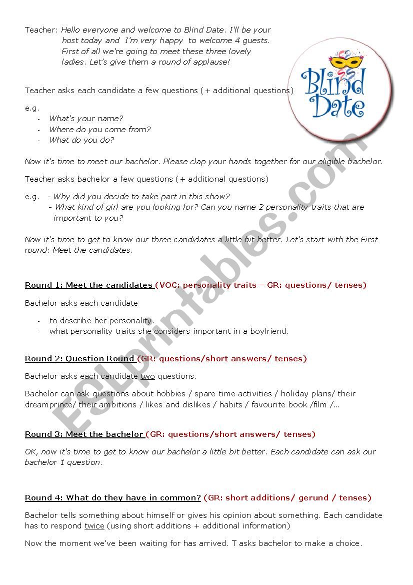 OP Blind date show worksheet