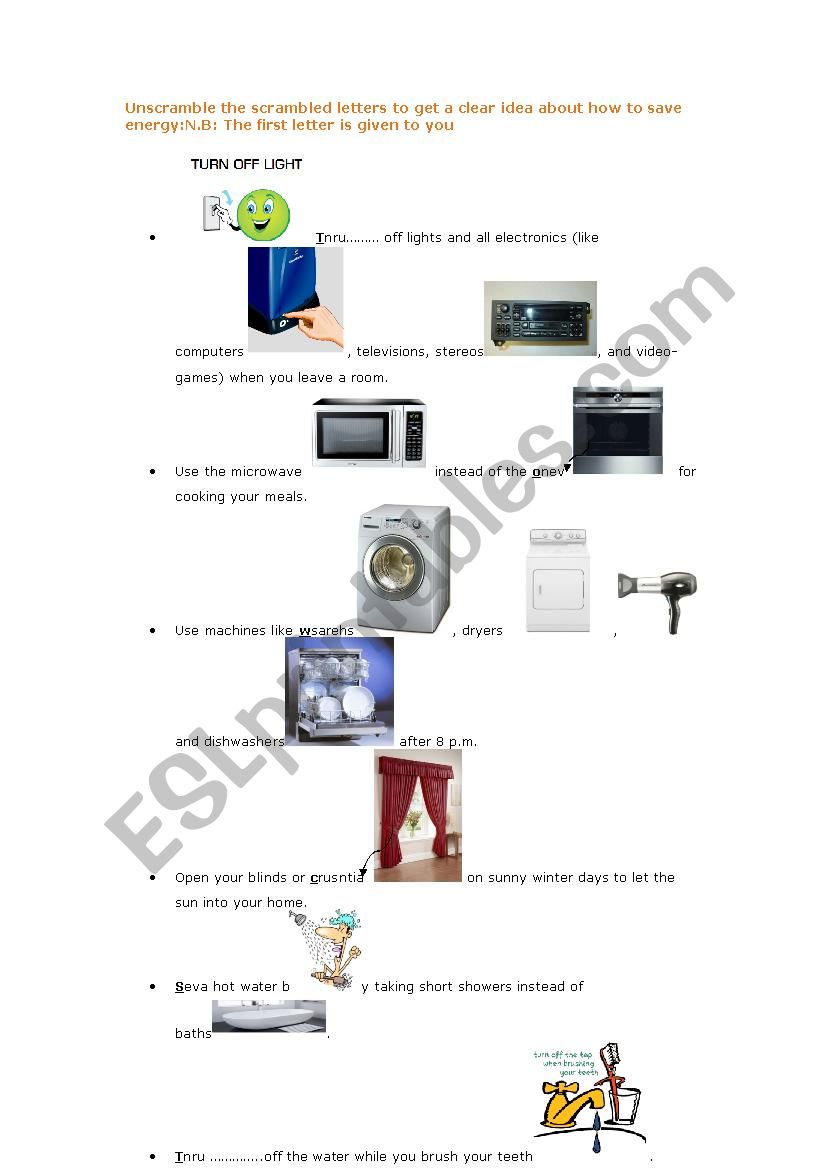 How to save energy worksheet