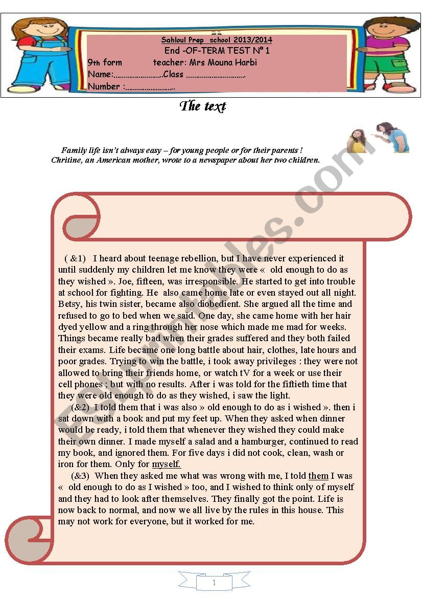 End-OF-Term Test N°1    9th Form