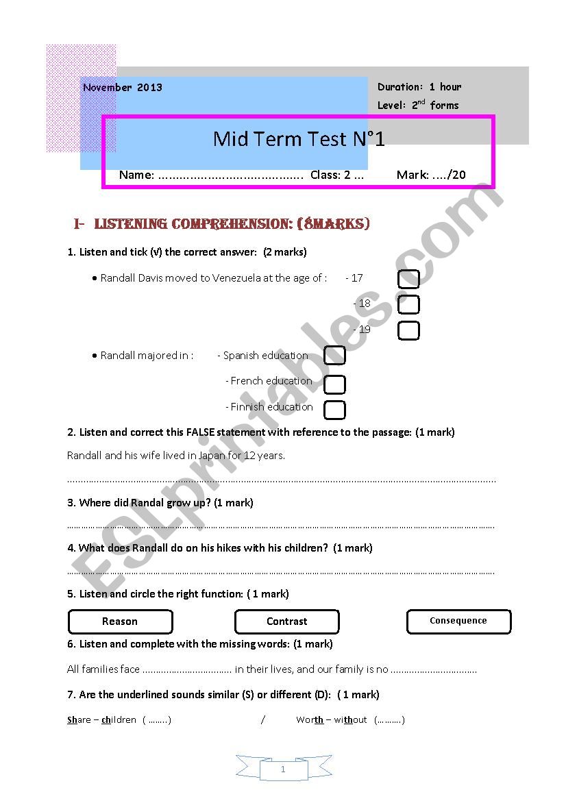 1 st form (First)  Mid-Term Test 1 (Tunisia) 