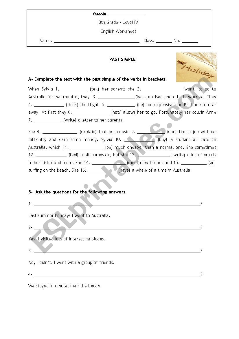 Past Simple _Holidays worksheet