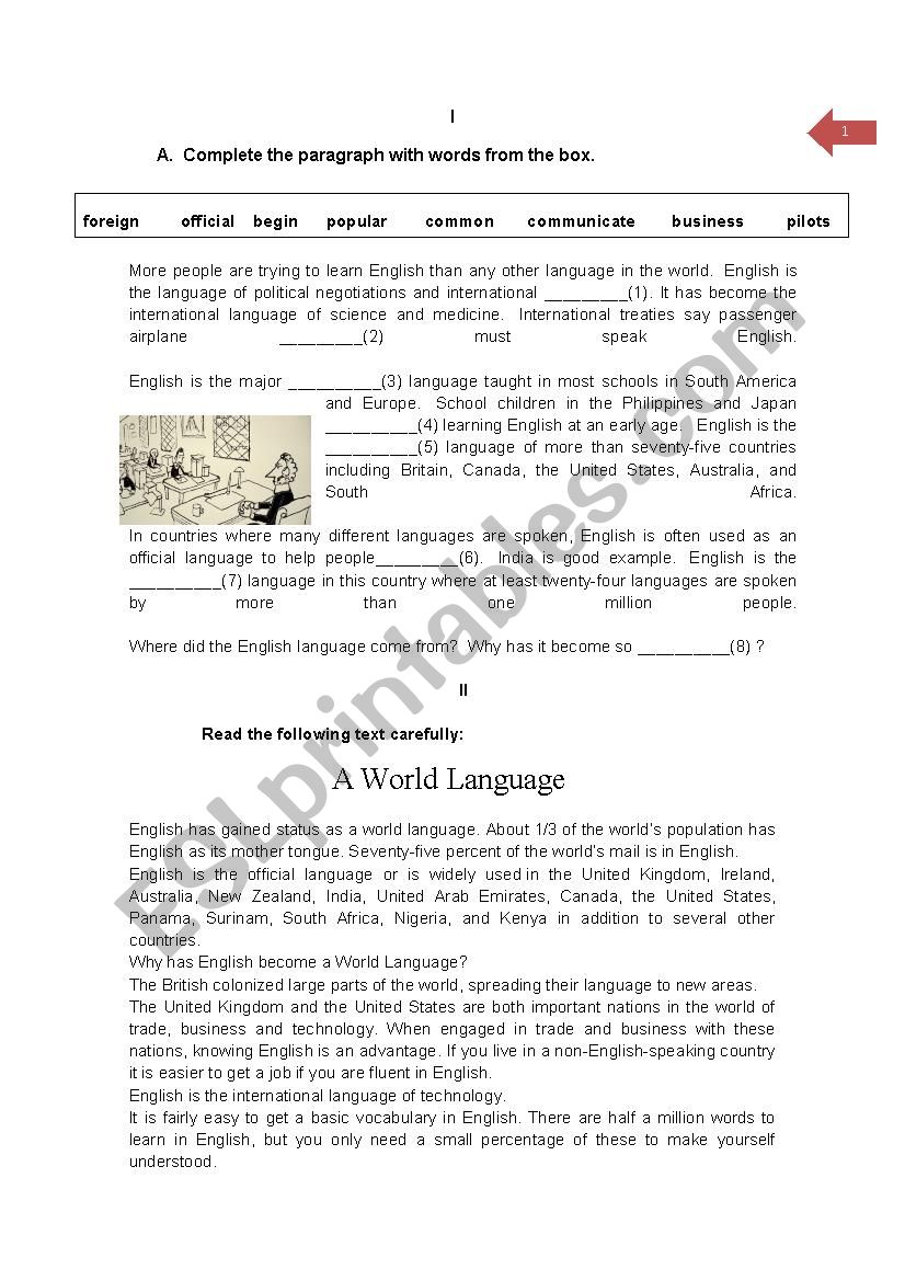 English: a world language worksheet